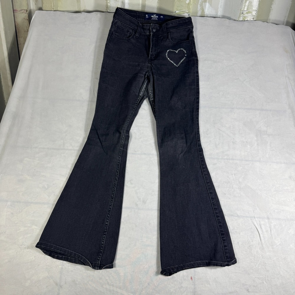Hollister Womens Flared Jeans Black Soft Stretch Denim High Rise Rhinestone 25S